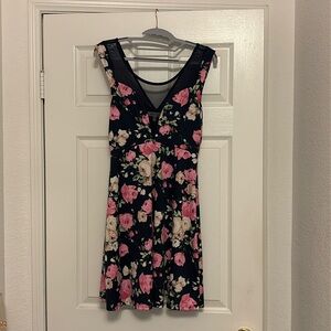 Monteau Navy blue with pink and white floral sleeveless sweetheart mesh neckline